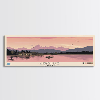 American Lake Colorado Framed Canvas Print, Panoramic Travel Poster, Pop Art, Midcentury Modern Wall Art, Scenic Bedroom Art