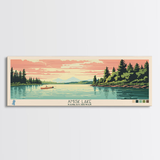 Amisk Lake Saskatchewan Framed Canvas Print, Panoramic Wall Art, Midcentury Modern, Pop Art, Travel Poster, Scenic Living Room Art