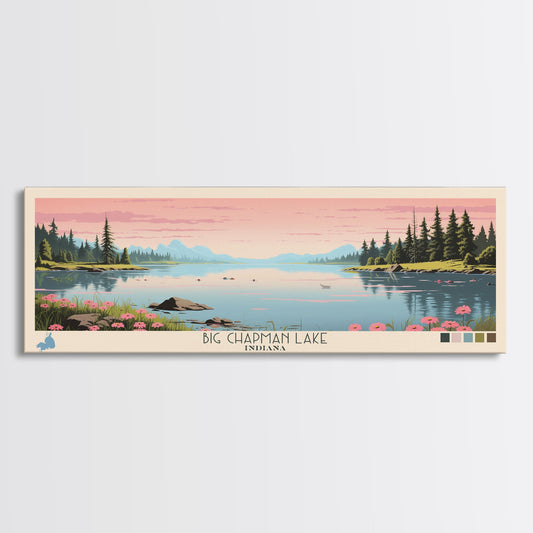 Big Chapman Lake Indiana Framed Canvas Print, Panoramic Travel Poster, Midcentury Modern Wall Art, Pop Art, Nature Lake House Art, Bedroom Decor
