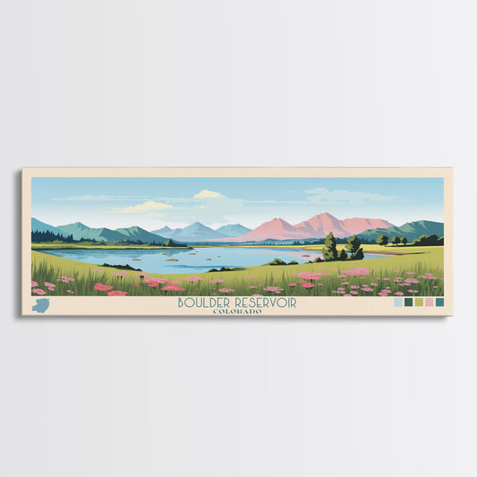 Boulder Reservoir Colorado Framed Canvas Print, Panoramic Wall Art, Midcentury Modern, Pop Art, Travel Poster, Scenic Living Room Art, Lake House Decor