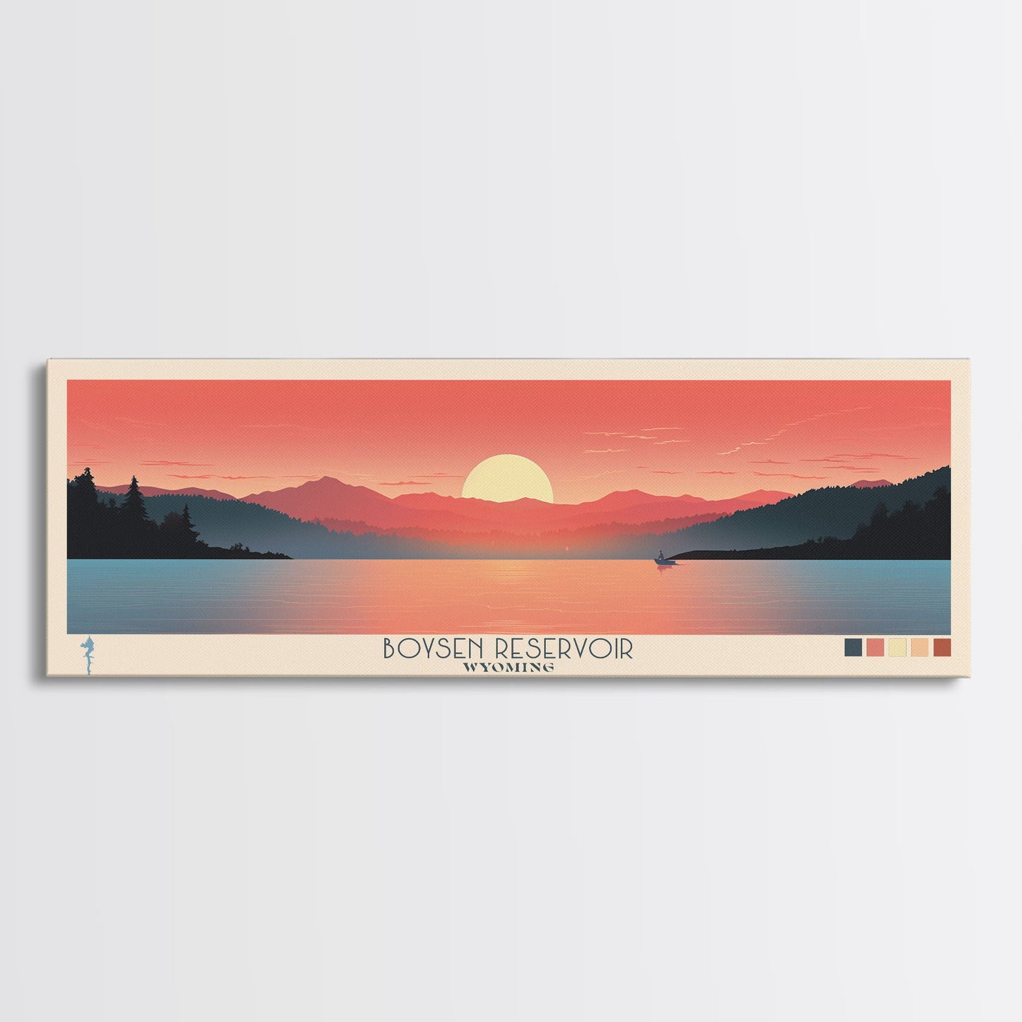 Boysen Reservoir Wyoming Framed Canvas Print, Panoramic Travel Poster, Midcentury Modern Wall Art, Pop Art, Nature Bedroom Decor, Scenic Lake House Art