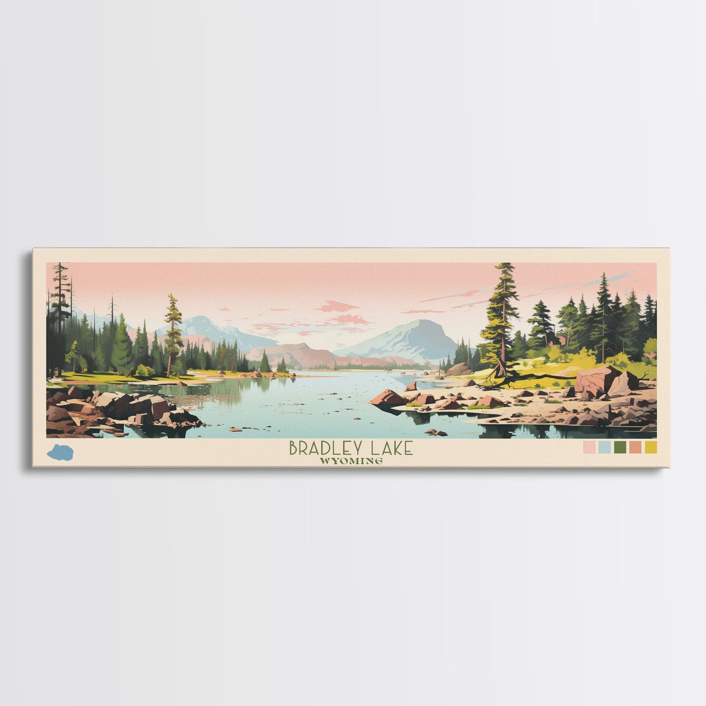 Bradley Lake Wyoming Framed Canvas Print, Midcentury Modern Panoramic Wall Art, Living Room Decor, Pop Art, Travel Poster Art