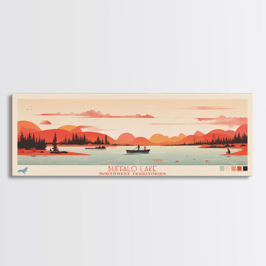Buffalo Lake Northwest Territories Framed Canvas Print, Pop Art Panoramic Travel Poster, Midcentury Modern, Wall Art, Scenic Nature Painting, Bedroom Decor