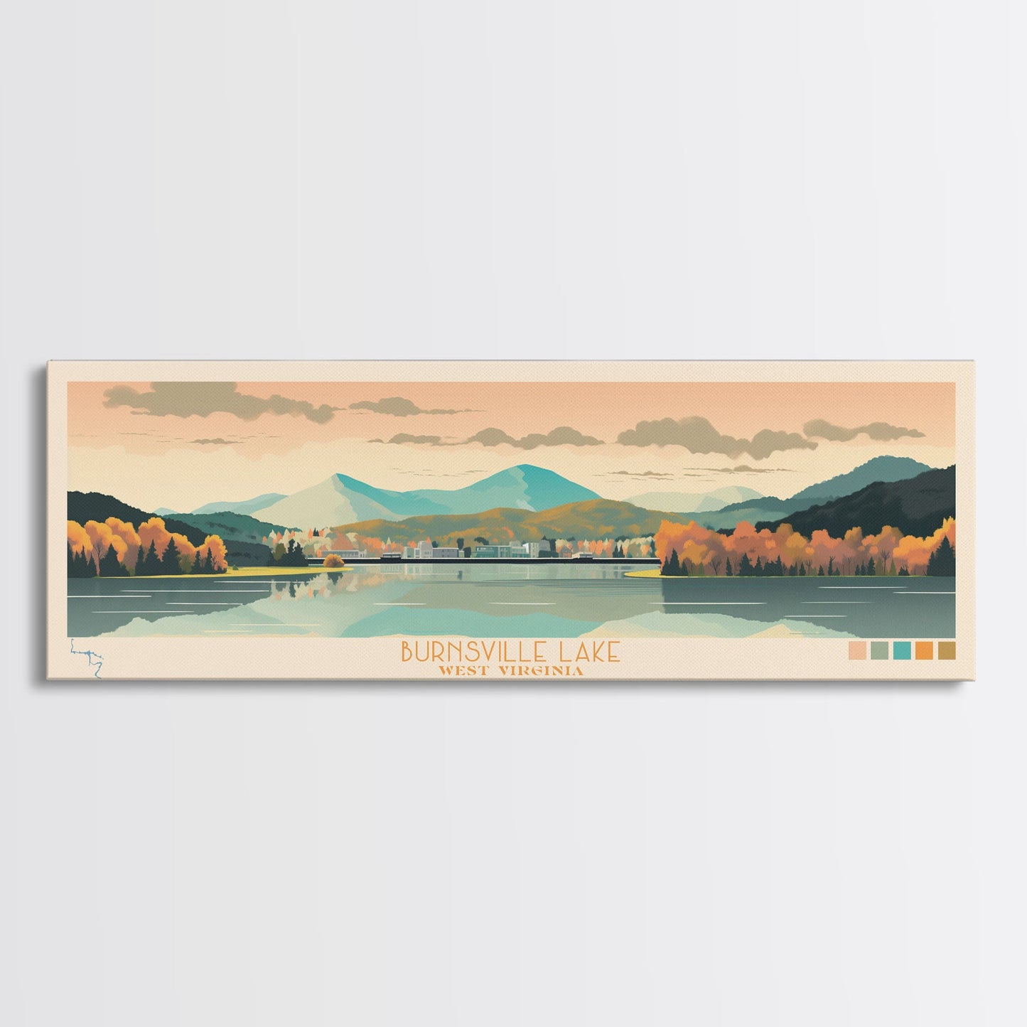 Burnsville Lake West Virginia Framed Canvas Print, Midcentury Modern Panoramic Wall Art, Living Room Decor, Pop Art, Travel Poster Art, Scenic Nature Painting