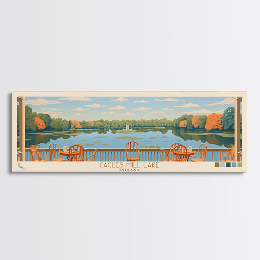 Cagles Mill Lake Indiana Framed Canvas Print, Midcentury Modern Panoramic Wall Art, Living Room Decor, Pop Art, Travel Poster Art, Scenic Nature Painting