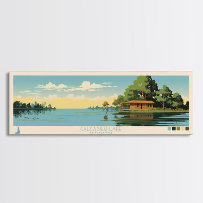Calcasieu Lake Louisianna Framed Canvas Print, Pop Art Panoramic Travel Poster, Midcentury Modern, Wall Art, Scenic Nature Painting, Bedroom Decor