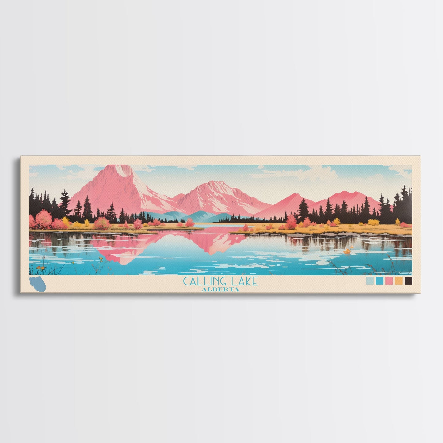 Calling Lake Alberta Framed Canvas Print, Midcentury Modern Panoramic Wall Art, Living Room Decor, Pop Art, Travel Poster Art, Scenic Nature Painting