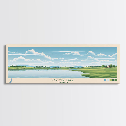 Carter Lake Nebraska Framed Canvas Print, Midcentury Modern Panoramic Wall Art, Living Room Decor, Pop Art, Travel Poster Art, Scenic Nature Painting, Lake House Decor