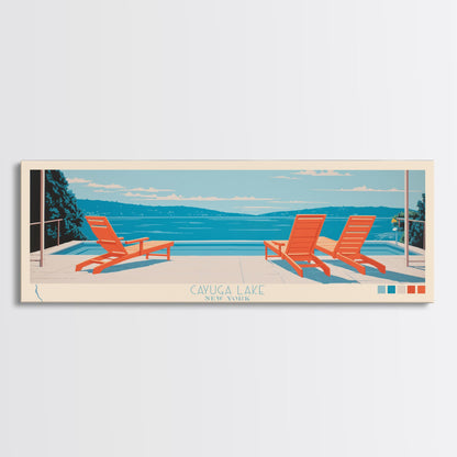 Cayuga Lake New York Framed Canvas Print, Pop Art Panoramic Travel Poster, Midcentury Modern, Wall Art, Scenic Nature Painting, Bedroom Decor, Living Room Art