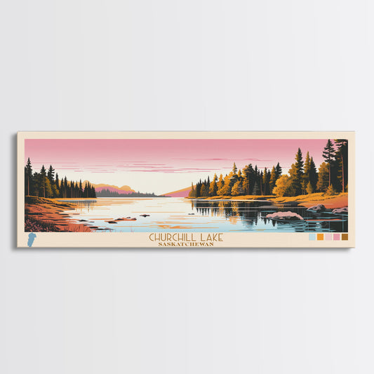 Churchill Lake Saskatchewan Framed Canvas Print, Midcentury Modern Panoramic Wall Art, Living Room Decor, Pop Art, Travel Poster Art, Scenic Nature Painting, Lake House Decor