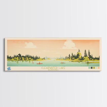 Clearwater Lake Manitoba Framed Canvas Print, Midcentury Modern Panoramic Wall Art, Living Room Decor, Pop Art, Travel Poster Art, Scenic Nature Painting, Lake House Decor