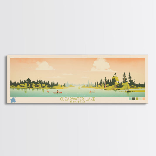 Clearwater Lake Manitoba Framed Canvas Print, Midcentury Modern Panoramic Wall Art, Living Room Decor, Pop Art, Travel Poster Art, Scenic Nature Painting, Lake House Decor