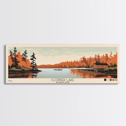 Clopper Lake Maryland Framed Canvas Print, Pop Art Panoramic Travel Poster, Midcentury Modern, Wall Art, Scenic Nature Painting, Bedroom Decor, Living Room Art