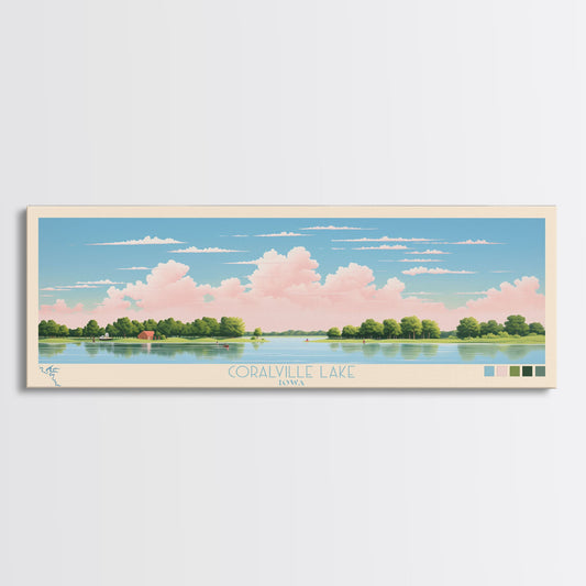 Coralville Lake Iowa Framed Canvas Print, Midcentury Modern Panoramic Wall Art, Living Room Decor, Pop Art, Travel Poster Art, Scenic Nature Painting, Lake House Decor