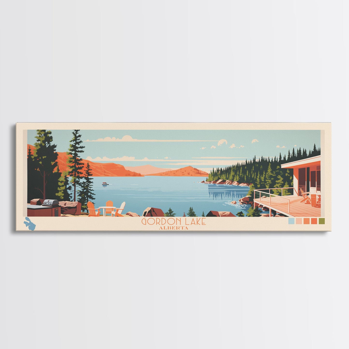 Gordon Lake Alberta Framed Canvas Print, Panoramic Art, Midcentury Modern, Pop Art, Bedroom Decor, Travel Poster, Artistic Decor, Home Decor