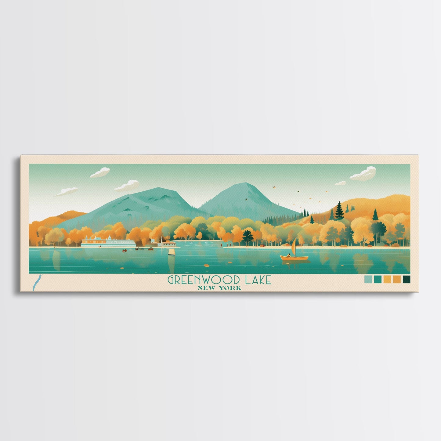 Greenwood Lake New York Framed Canvas Print, Panoramic Art, Midcentury Modern, Pop Art, Bedroom Decor, Travel Poster, Lake House Decor