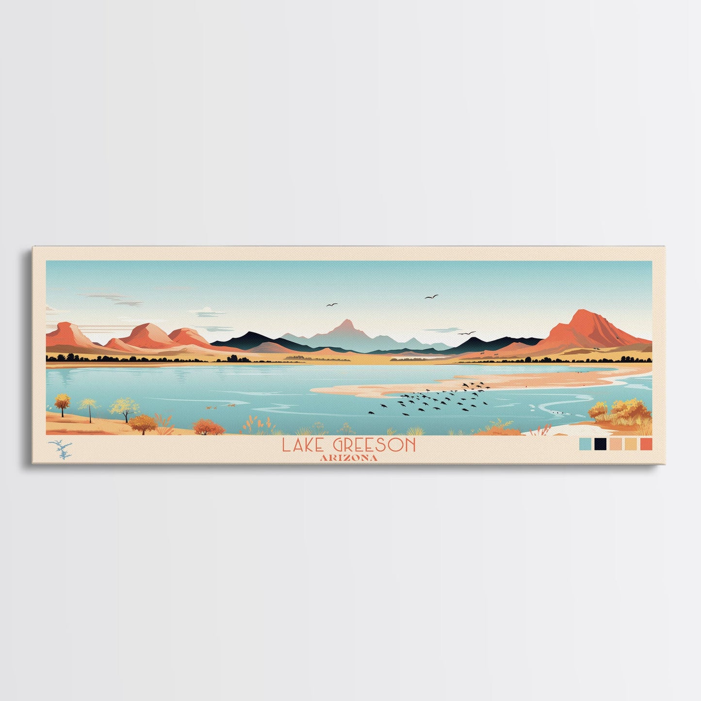 Leinwanddruck „Lake Greenson, Arizona“ mit Rahmen, Panorama-Wandbild, Midcentury Modern, Pop Art, Wohnzimmerdekoration, Reiseposter, Schlafzimmerkunst