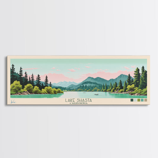 Lake Shasta California Framed Canvas Print, Panoramic Wall Art, Midcentury Modern, Pop Art, Living Room Decor, Travel Poster, Lake House Art