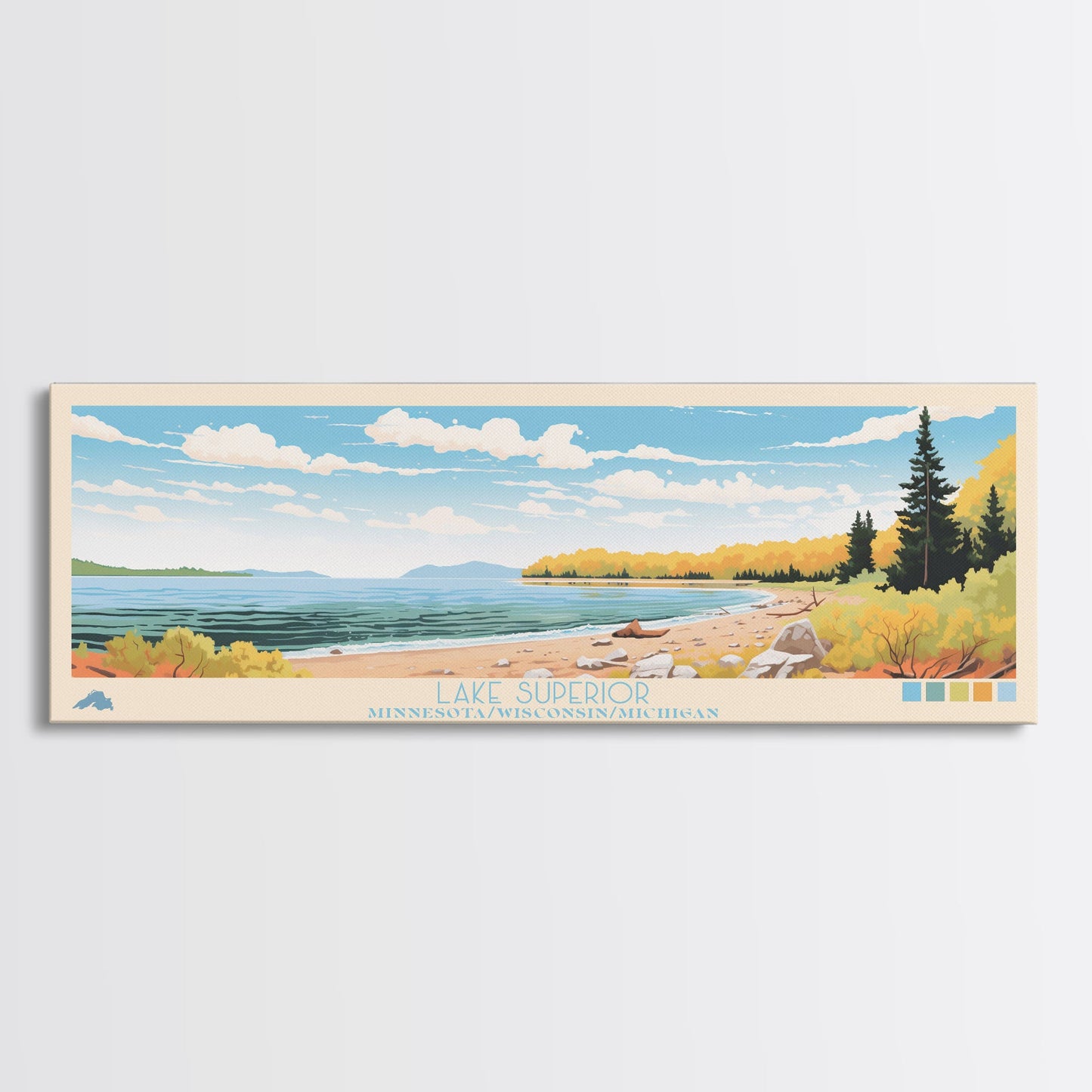 Lake Superior MinnesotaWisconsinMichigan Framed Canvas Print, Panoramic Wall Art, Midcentury Modern, Pop Art, Living Room Decor, Travel Poster, Lake House Art