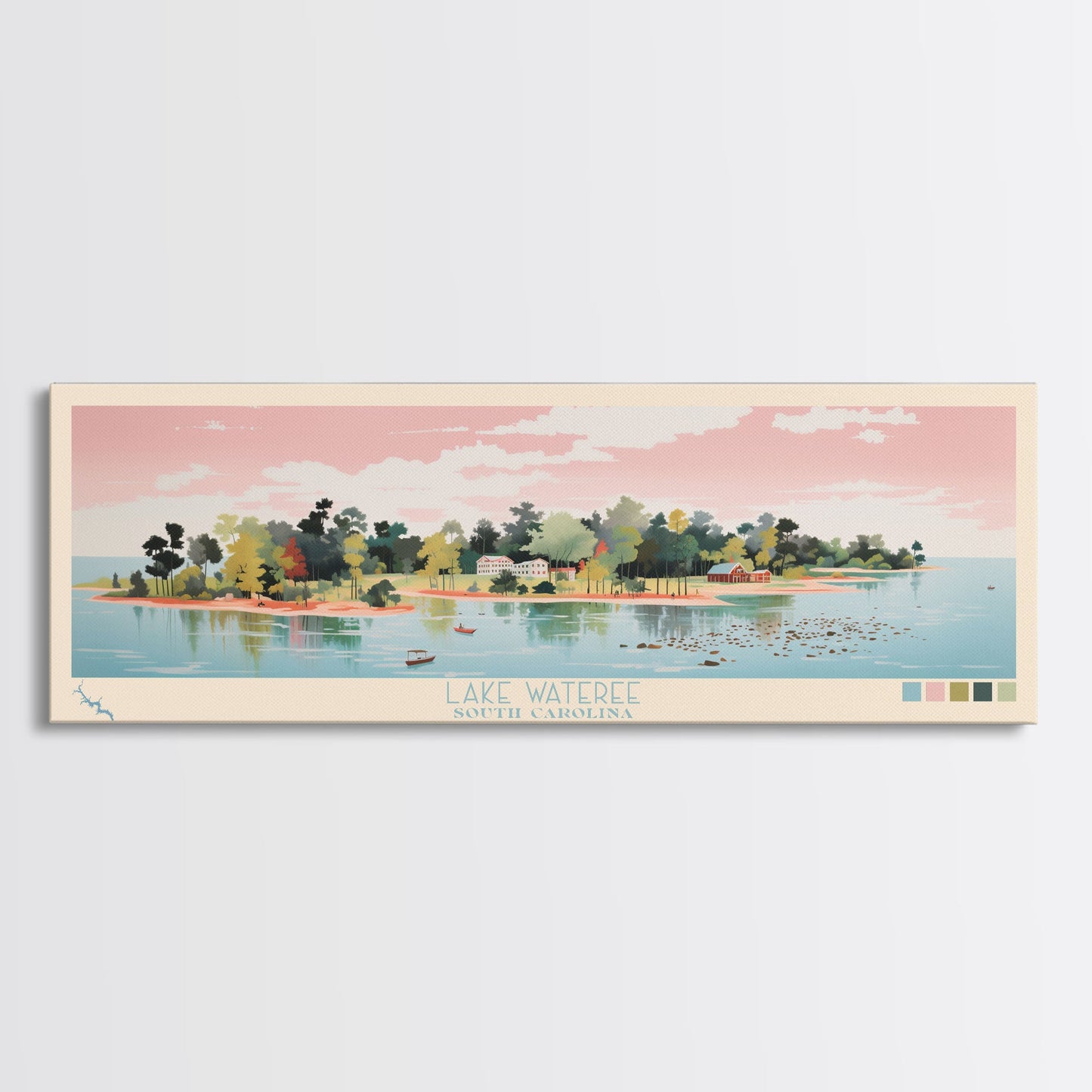 Lake Wateree, South Carolina Panoramic Wall Art Framed Canvas Print, Midcentury Modern, Pop Art, Home Decor, Travel Poster, Living Room Art