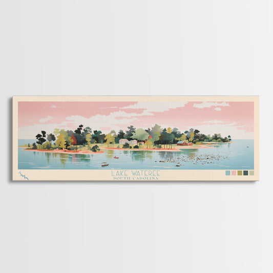 Lake Wateree, South Carolina Panoramic Wall Art Framed Canvas Print, Midcentury Modern, Pop Art, Home Decor, Travel Poster, Living Room Art