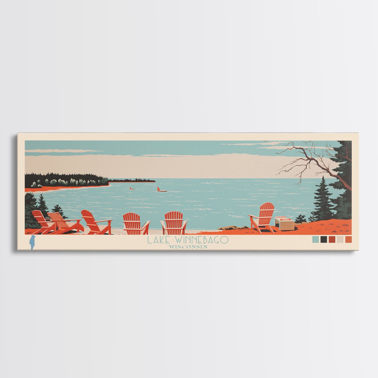 Lake Winnebago, Wisconsin Panoramic Wall Art Framed Canvas Print, Midcentury Modern, Pop Art, Home Decor, Travel Poster, Living Room Art