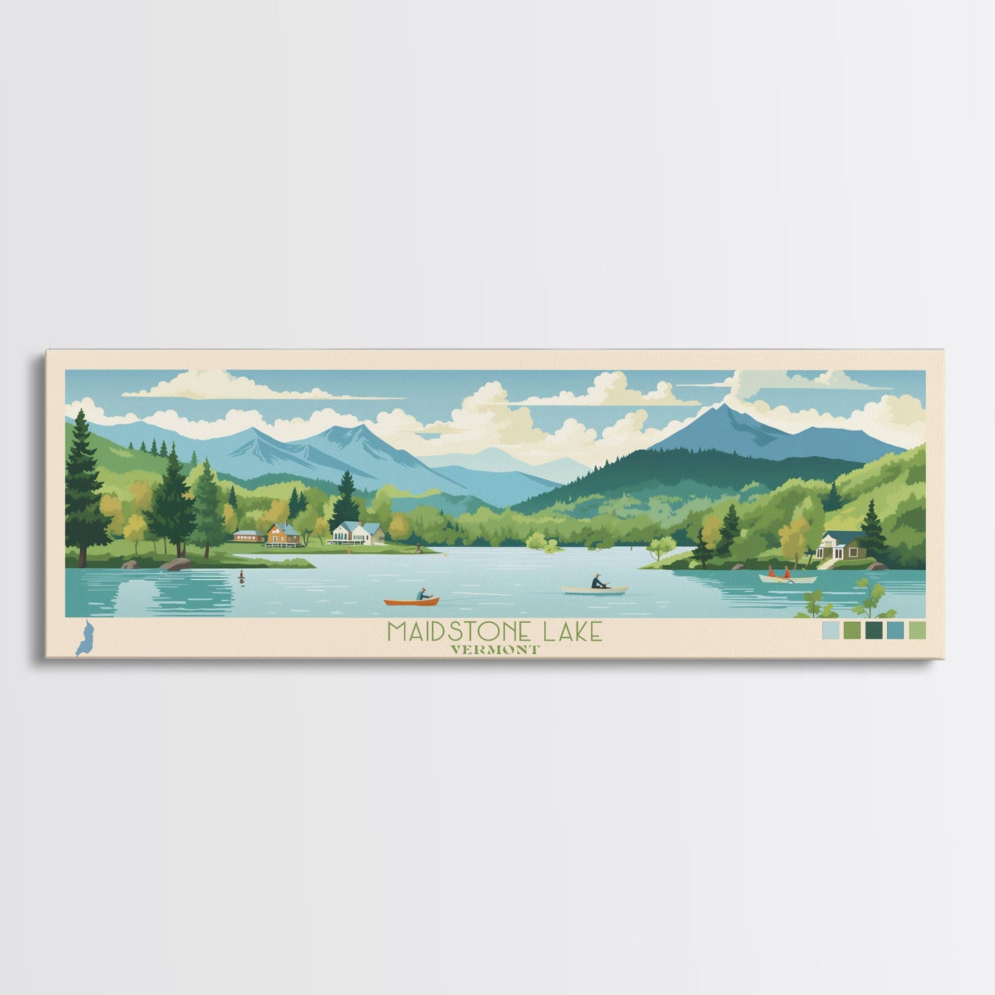 Panorama-Wandbild „Maidstone Lake, Vermont“ – gerahmter Leinwanddruck im Midcentury-Modern-Stil, Pop-Art-Stil, Wohndekoration, Reiseposter, Schlafzimmerkunst
