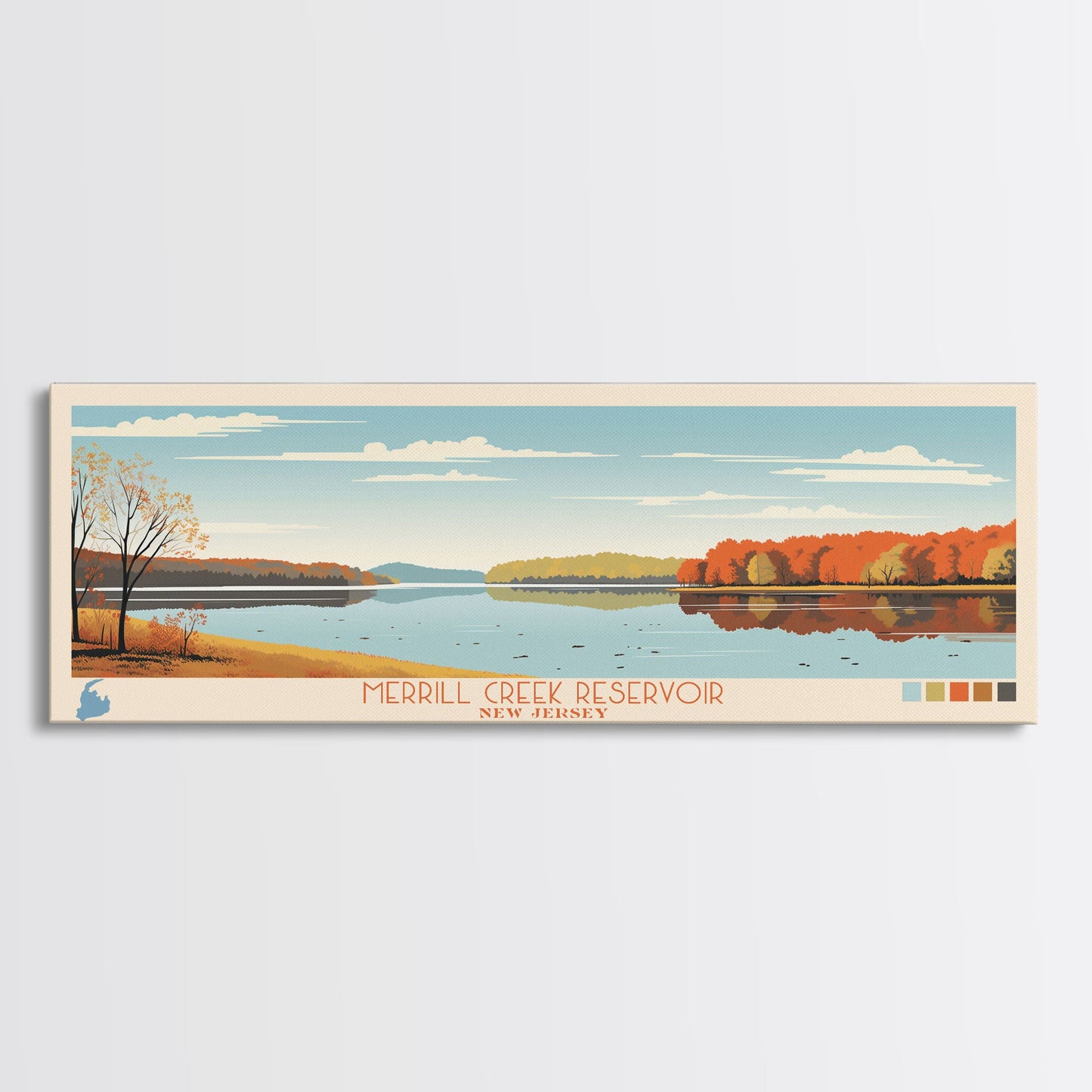 Merrill Creek Reservoir, New Jersey Panoramic Wall Art Framed Canvas Print, Midcentury Modern, Pop Art, Home Decor, Travel Poster, Living Room Art