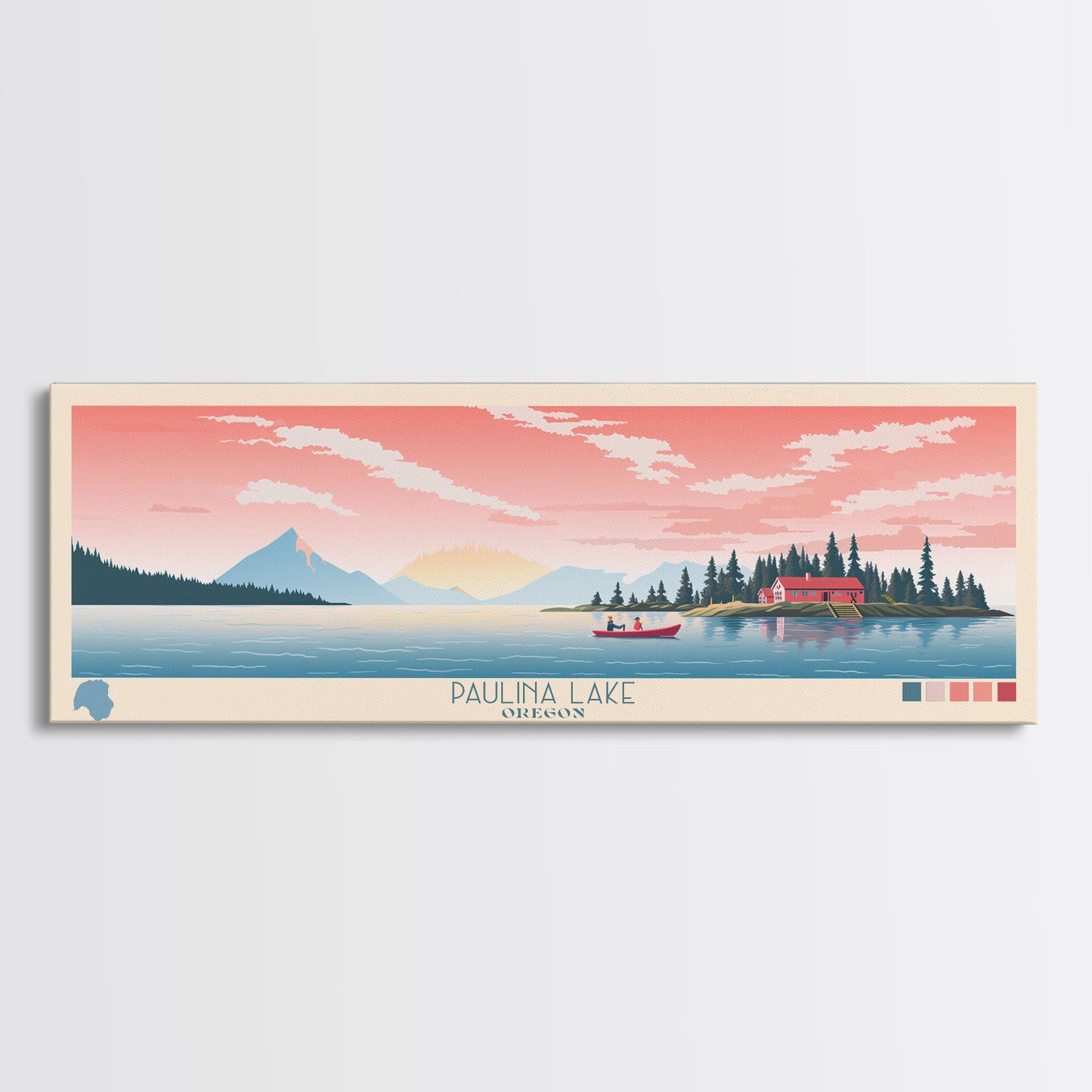 Paulina Lake, Oregon Framed Canvas Print, Panoramic Wall Art, Midcentury Modern, Pop Art, Home Decor, Travel Poster, Living Room Art