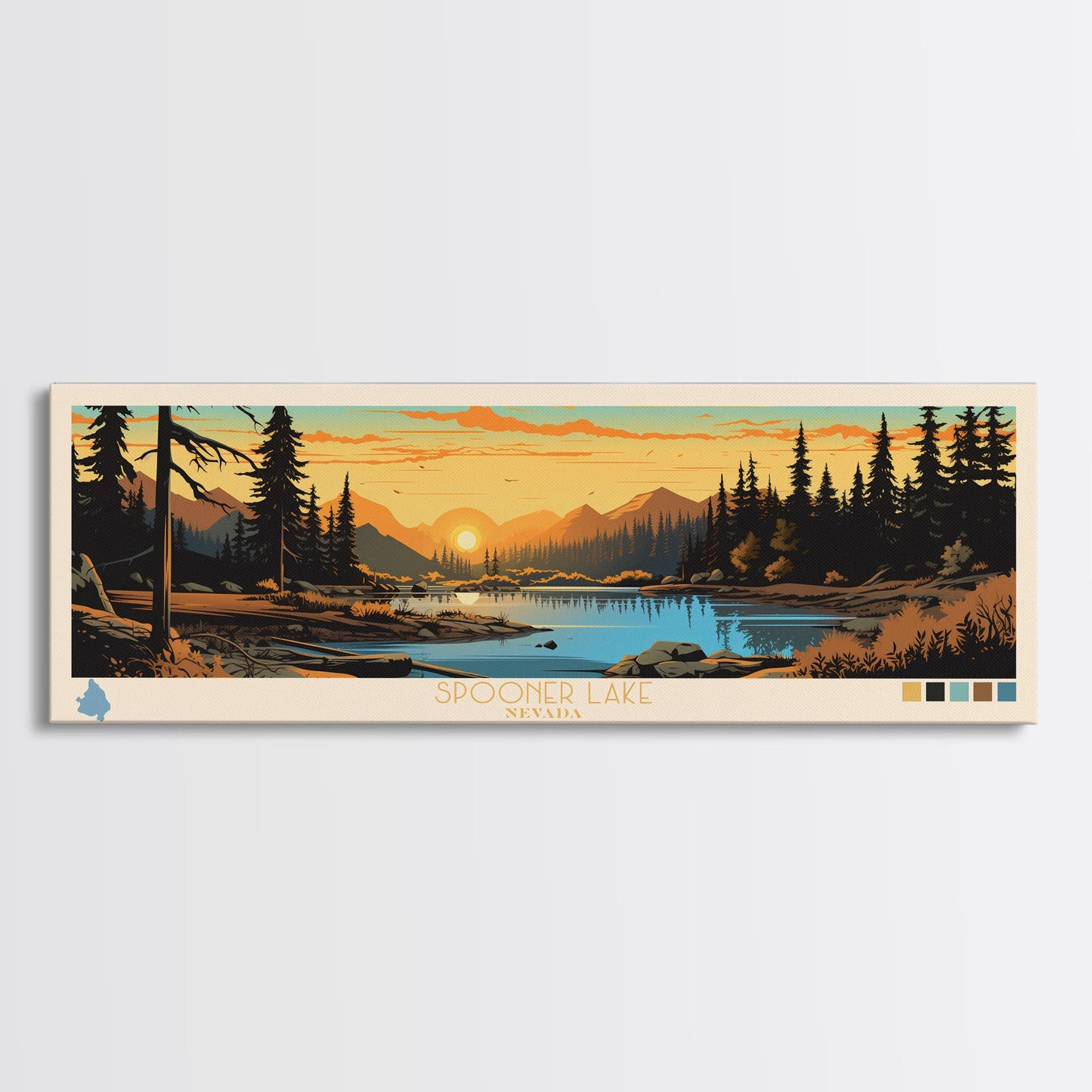 Spooner Lake, Nevada Framed Canvas Print, Lake House Decor, Midcentury Modern Art, Pop Art, Travel Poster, Bedroom Wall Art