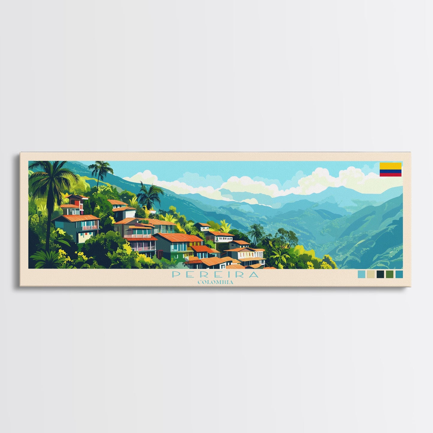 Panorama-Reiseposter Pereira, Kolumbien – Leinwanddruck, Gemälde Pereira, Kolumbien, Kunst aus Kolumbien, Reisekunst aus Pereira, Gemälde für das Gästezimmer