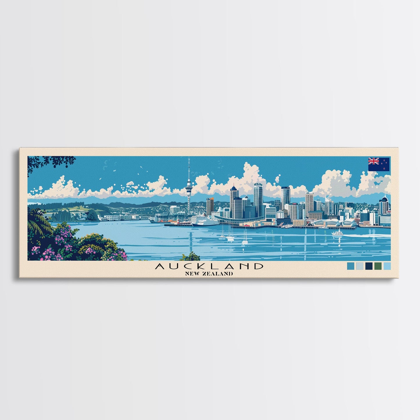 Panorama-Leinwanddruck Auckland, Neuseeland, Gemälde Auckland, Neuseeland, Kunst aus Neuseeland, Reiseposter Auckland, Reisekunst, Urlaubsgeschenk