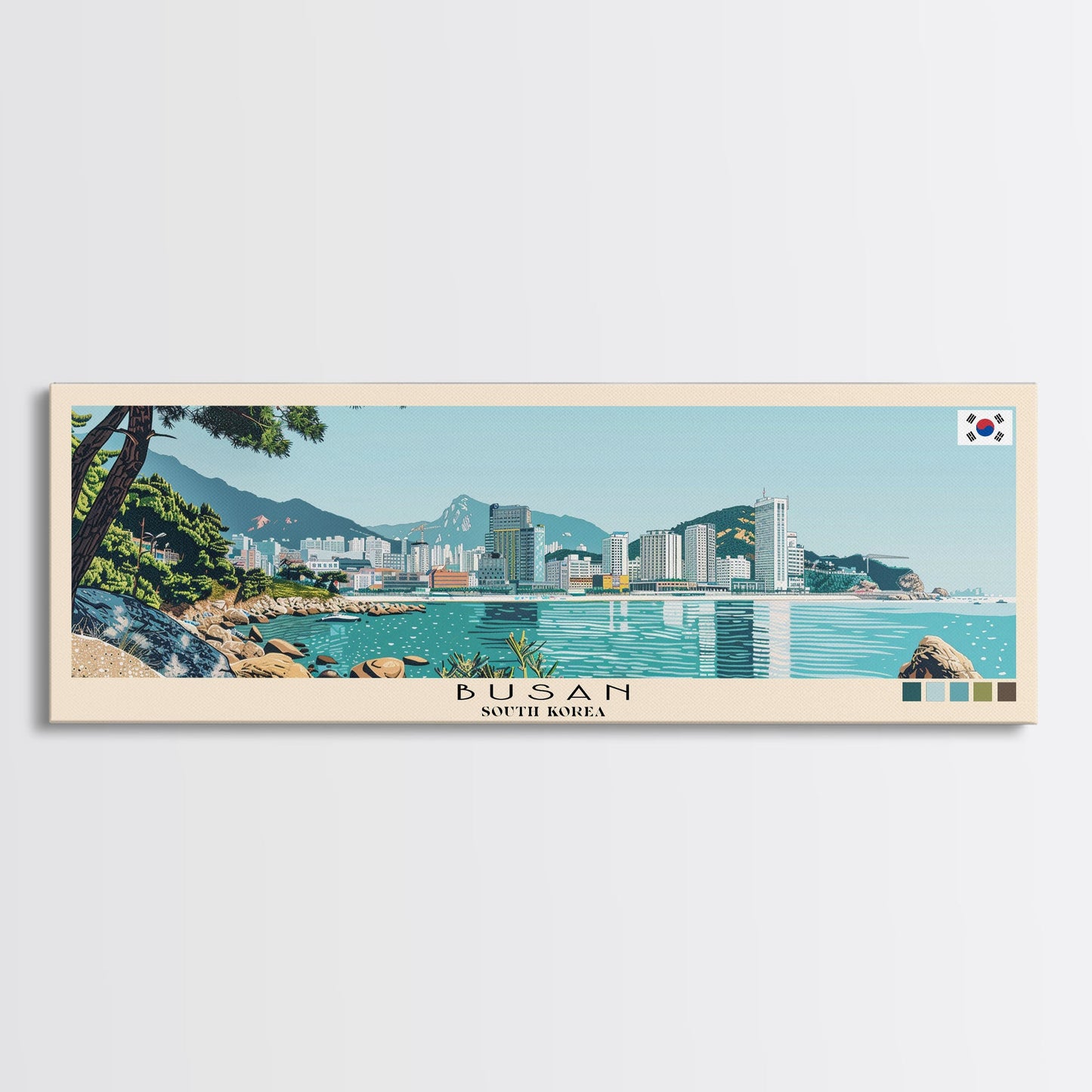 Busan, South Korea Panoramic Canvas Print, Busan, South Korea Painting, South Korea Art, Busan Travel Poster, Travel Art, Guest Room Painting