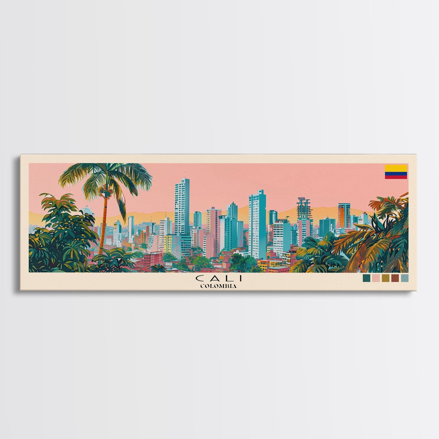 Cali, Colombia Panoramic Canvas Print, Cali, Colombia Painting, Colombia Art, Cali Travel Poster, Travel Art, Vacation Gift