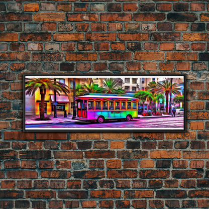 Colorful Vibrant Tram Wall Art, Palm Trees Art Print, Colored Pencil Sketch, Framed Canvas, Abstract Art, Panoramic, Wall Art, Canvas Print