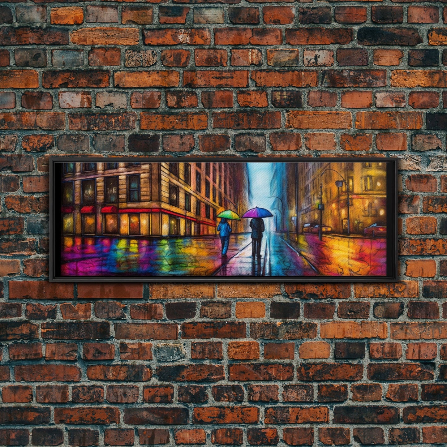 Colorful Umbrellas City Canvas Print, Large Urban Art Print, Two People Walking On Street, Vibrant Art, Panoramic, Wall Art, Canvas Print