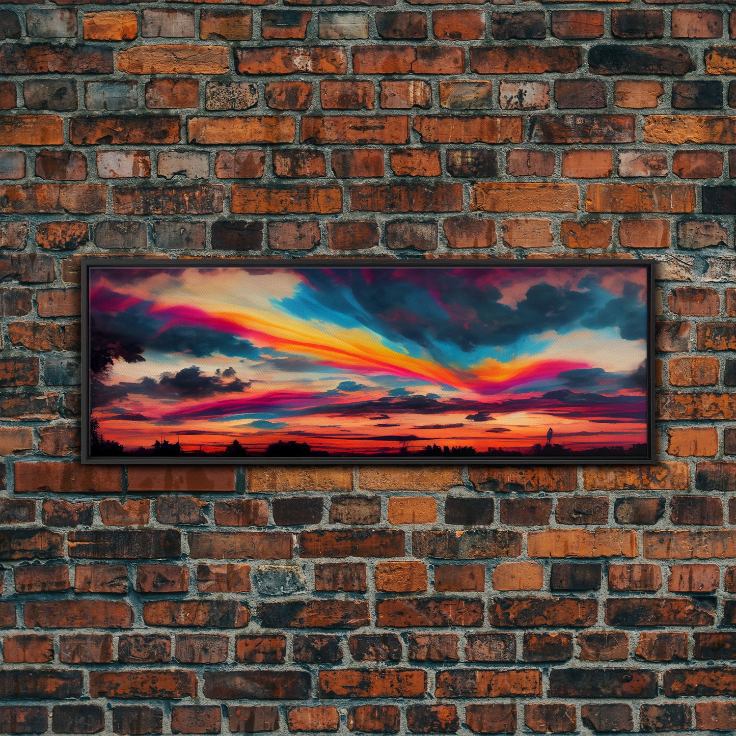Beautiful Panoramic Watercolor Sunset, Extra Large Wall Art, Framed Panoramic Canvas Print, Framed Wall Art