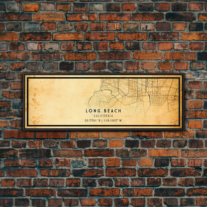 Panoramic Long Beach map print poster or framed canvas | California map print poster canvas | city map print poster canvas, distressed map