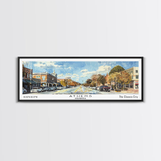Athens Georgia Panoramic Painting, Watercolor Framed Canvas Print, Scenic City Art, Travel Poster, Home Decor, Wall Hanging, Gift Idea