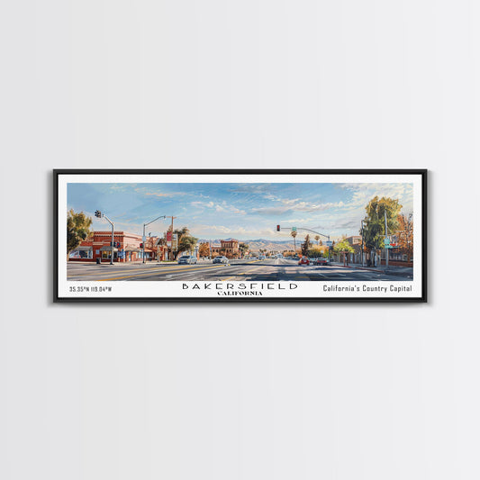 Bakersfield California Panoramic Painting, Watercolor Framed Canvas Print, Scenic City Art, Travel Poster, Home Decor, Wall Hanging, Gift Idea