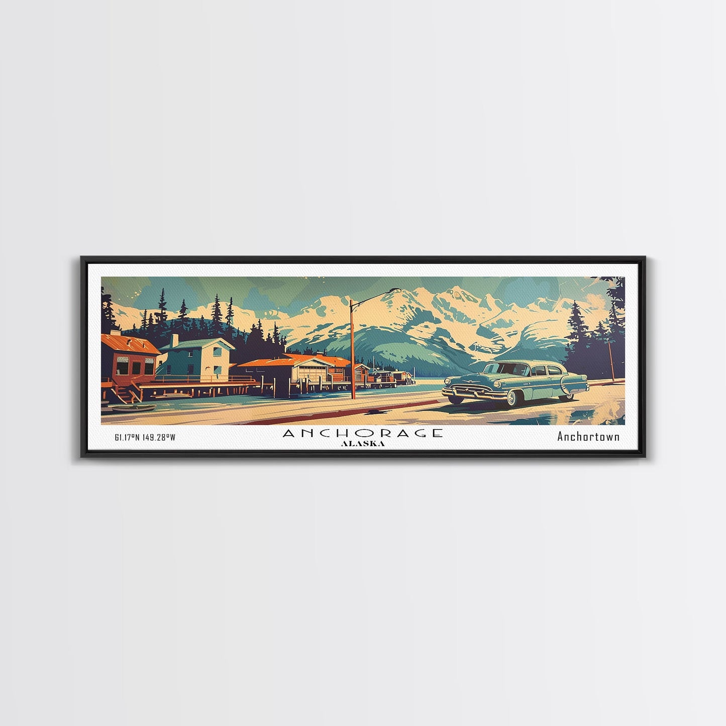 Anchorage Alaska Panoramic Painting, Mid Century Modern Framed Canvas Print, Retro Pop Art Travel Poster, Wall Art, Home Decor, Office Art
