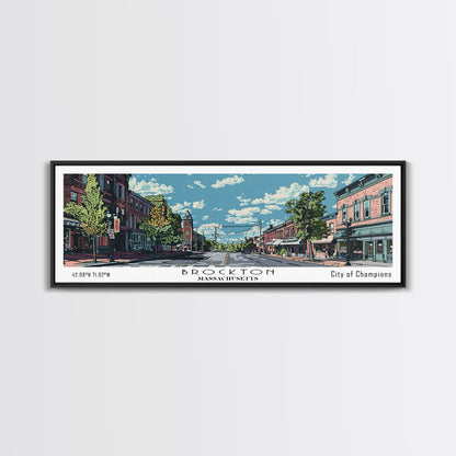 Brockton Massachusetts Panoramic Painting, Mid Century Modern Framed Canvas Print, Retro Pop Art Travel Poster, Home Decor, City Art