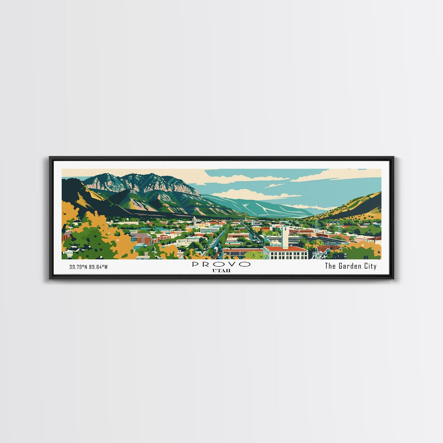 Panoramagemälde von Provo, Utah, gerahmter Leinwanddruck im Mid-Century-Modern-Stil, Retro-Pop-Art-Reiseposter, Stadtbild, Wanddekoration fürs Büro, Wohnzimmerbild
