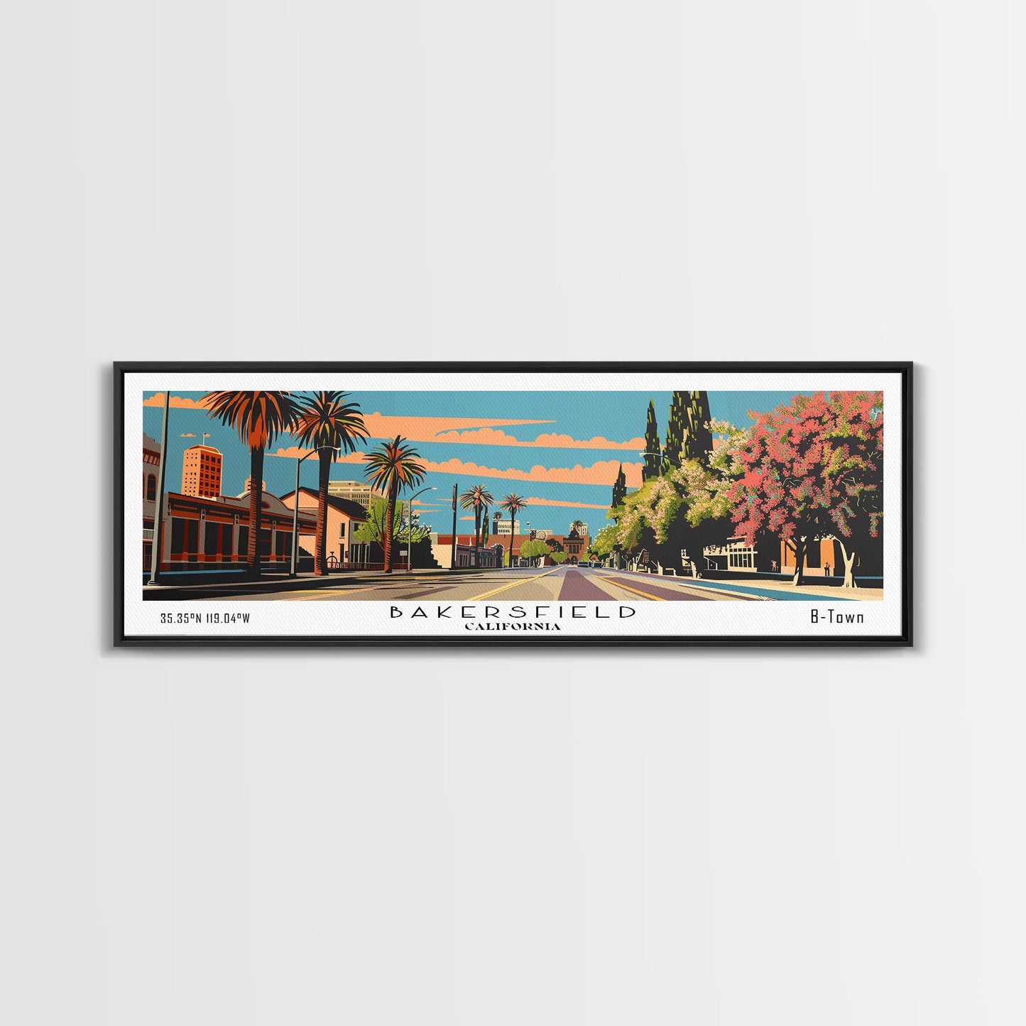Bakersfield California Panoramic Painting, Framed Canvas Print, Mid Century Modern Wall Art, Retro Pop Art Travel Poster, Living Room Decor, City Art