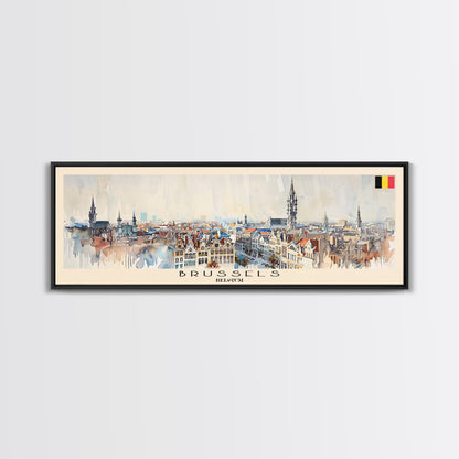 Brussels Belgium Panoramic Travel Poster, Framed Canvas Print or Metal Wall Art, Travel Art, Home Decor, Panoramic Painting, Midcentury Art