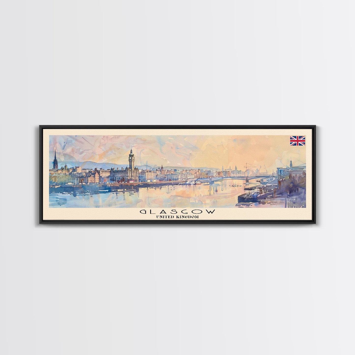 Glasgow, Vereinigtes Königreich – Reisekunst, Stadtkunst, gerahmter Leinwanddruck oder Wandbild aus Metall, Europa-Reiseposter, Panorama-Wandbild, extra breites Wandbild