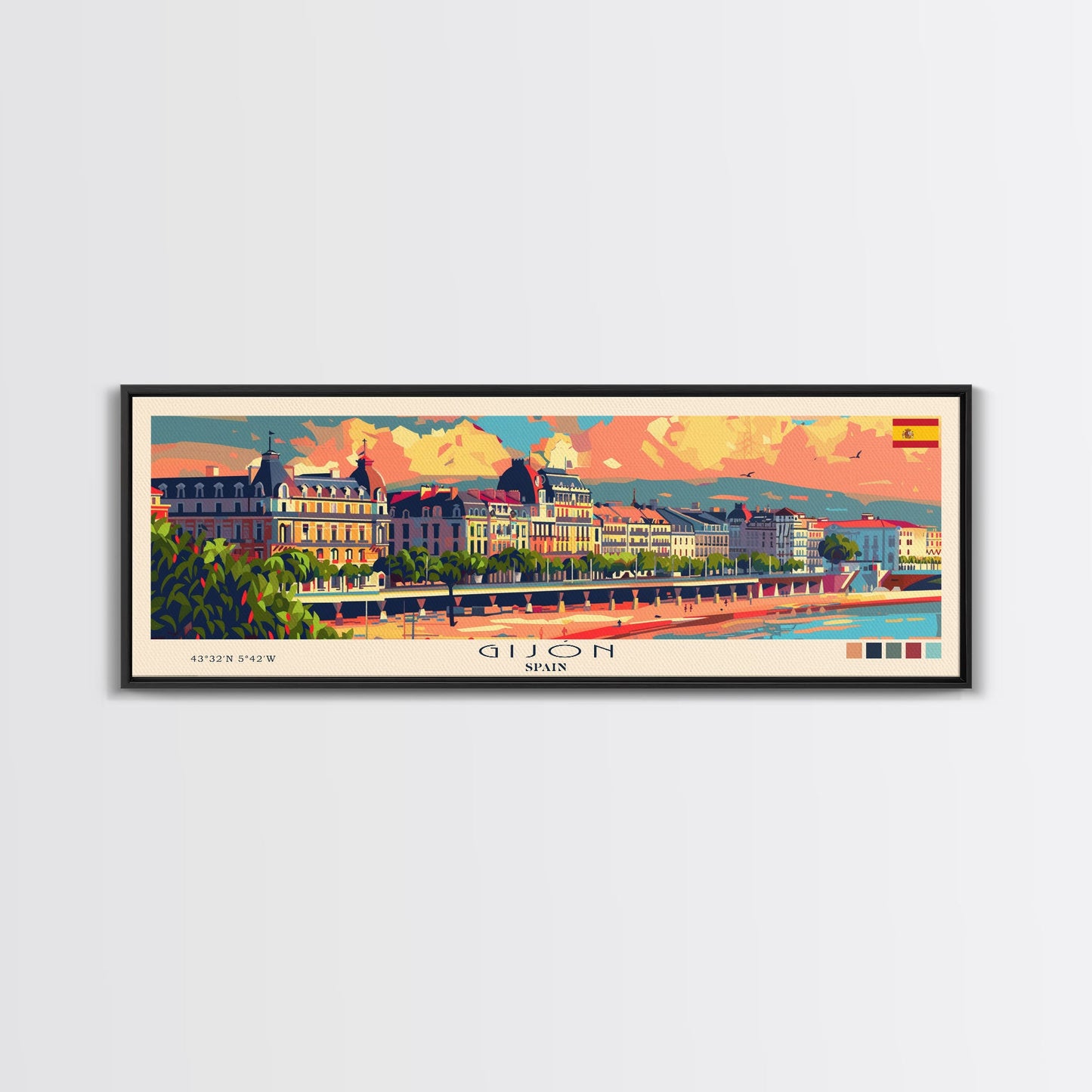 Gijón, Spanien – Kunstdruck für die Wand, Panorama-Stadtbild, Reisekunst, Wanddekoration, Urlaubsgeschenk, gerahmter Leinwanddruck oder Metallbild