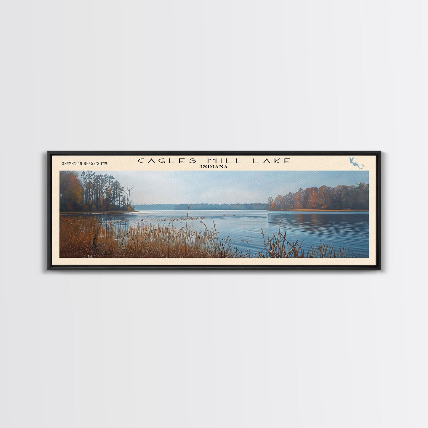 Cagles Mill Lake Indiana Framed Canvas Print, Lake House Art, Panoramic Travel Poster, Wall Art, Modern Lake Painting, Home Decor