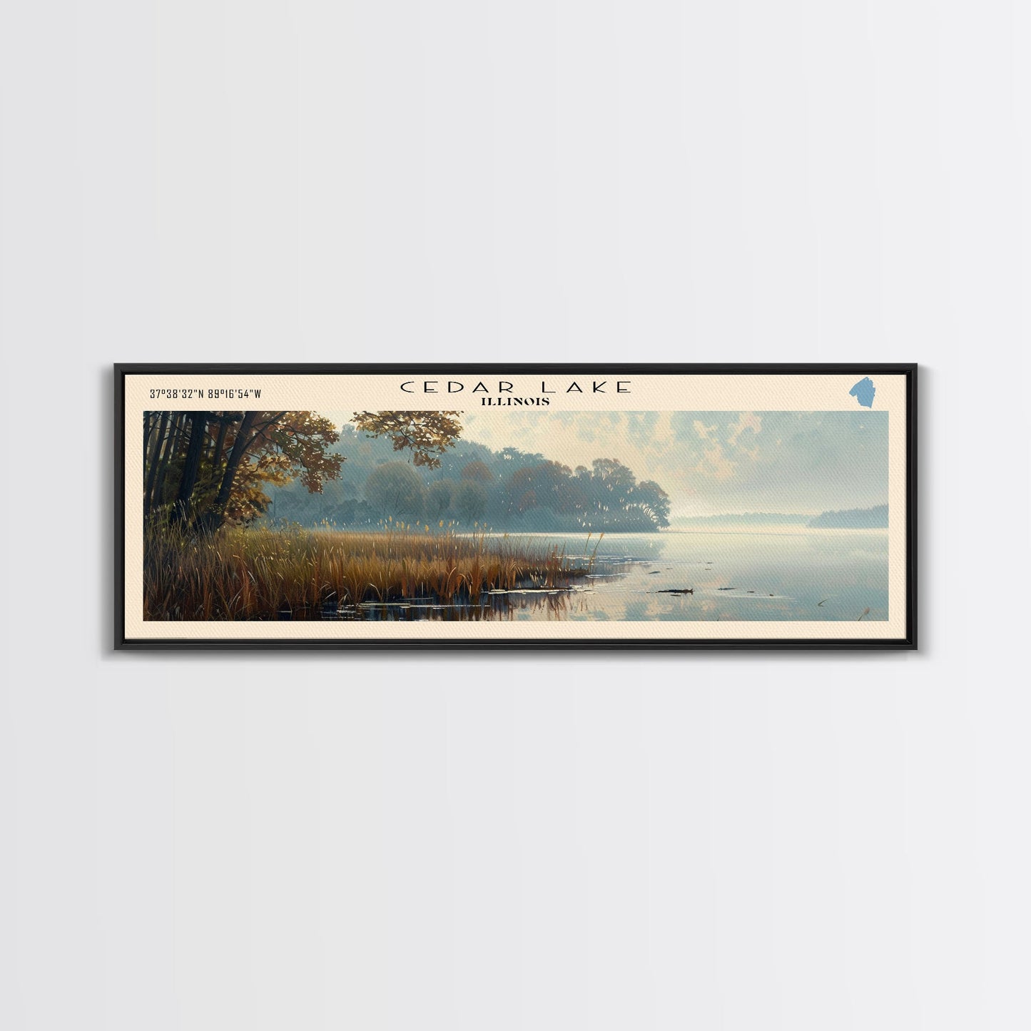 Cedar Lake Illinois Framed Canvas Print, Lake House Art, Panoramic Wide Art, Travel Poster, Minimalist Lake Painting, Home Decor