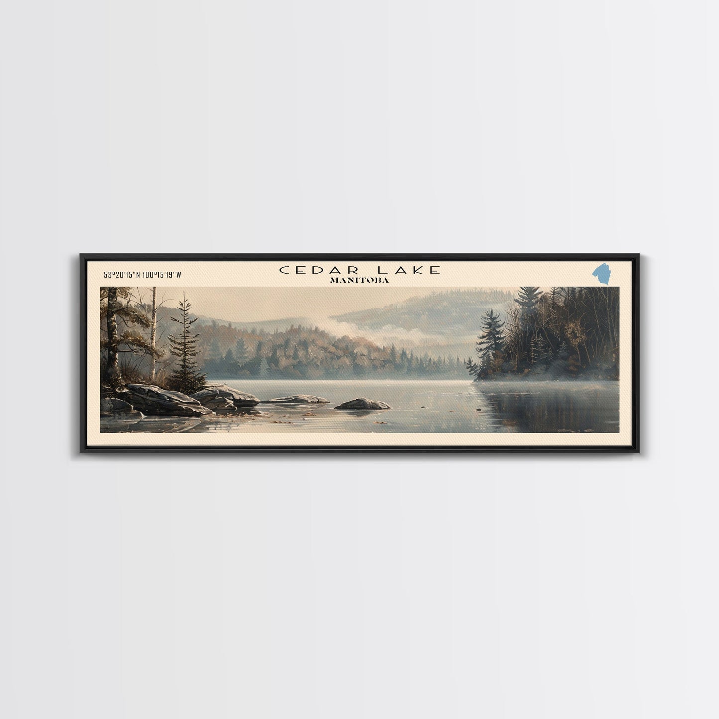 Cedar Lake Framed Canvas Print, Panoramic Lake House Decor, Wide Wall Art, Travel Poster, Rustic Lake Painting, Nature Art